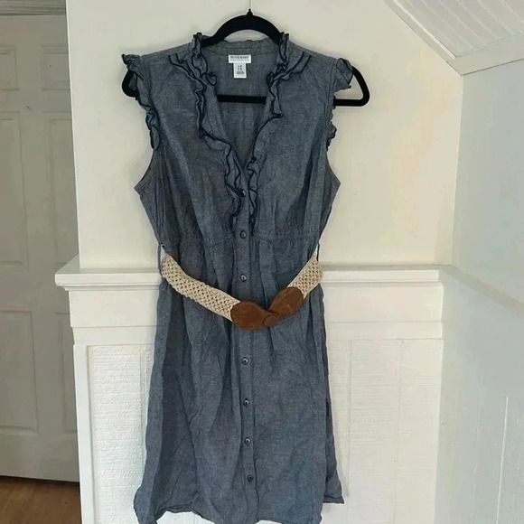 Motherhood Maternity Chambray Ruffle Dress with Tan & Brown Belt, size Medium - Picture 4 of 8